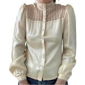 Vintage 1970s Gunne Sax Ivory Cream Satin Romantic Cottagecore Blouse Sz S